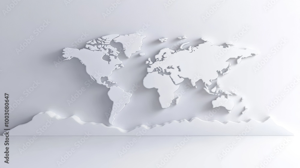 Poster minimalist world map with topography lines, a simplified grayscale world map showcasing elevation ch