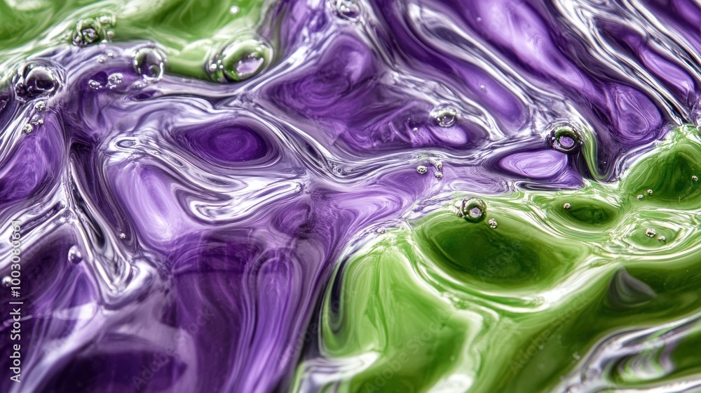 Poster abstract image of swirling purple and green liquid with bubbles, creating a fluid texture.
