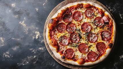 Pizza with pepperoni, ham, cheese, viewed from above.