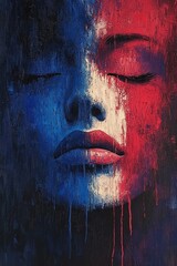 Face with red and blue hues, serene yet intense, symbolizing emotional depth and transformation