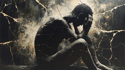 Figure curled in a cracked surface, evoking vulnerability and inner turmoil