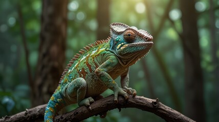 Fototapeta premium realistic illustration of a green chameleon on the branch of tree