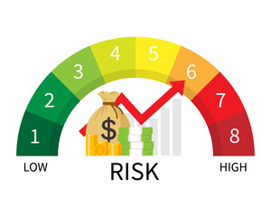 investment risk level and graph money on white background. rating meter infographic. vector illustration flat technology.