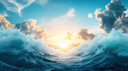 A breathtaking panoramic view of the ocean, with endless waves crashing against the horizon, a symbol of strength and resilience.