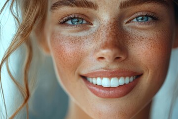 Smiling woman with freckles and blue eyes, bright expression on a neutral background.
