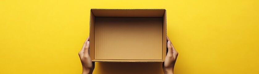Obraz premium Hands holding an open cardboard box, on a bright yellow background