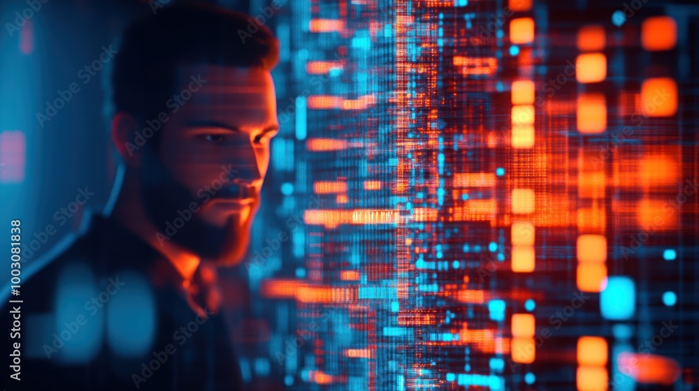 Poster a man gazes at a digital interface filled with vibrant data patterns.