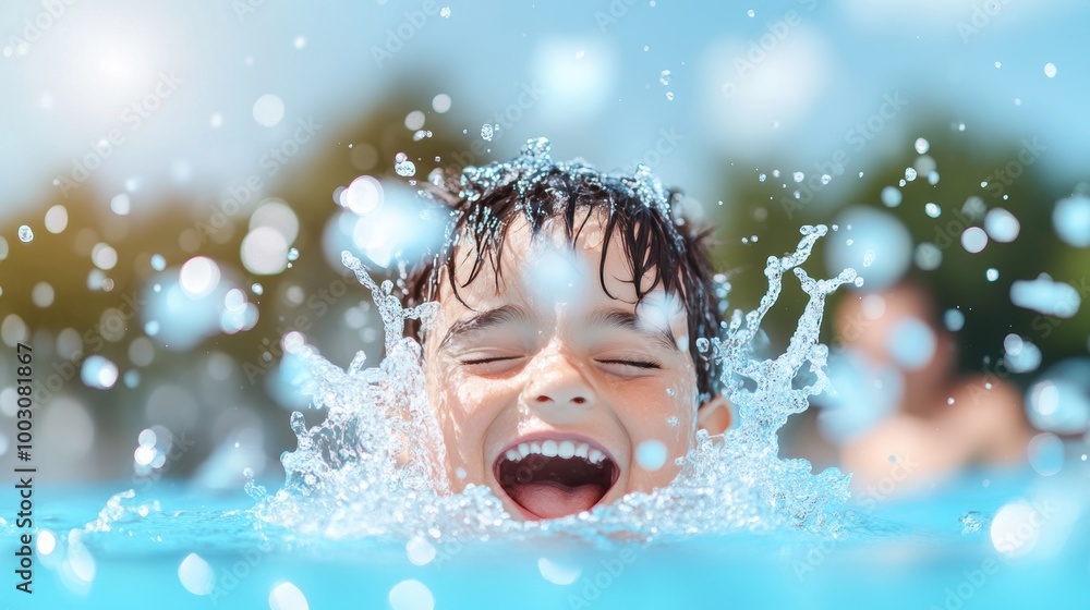 Poster a playful scene of a child splashing in a pool, capturing the joy and excitement of summer.