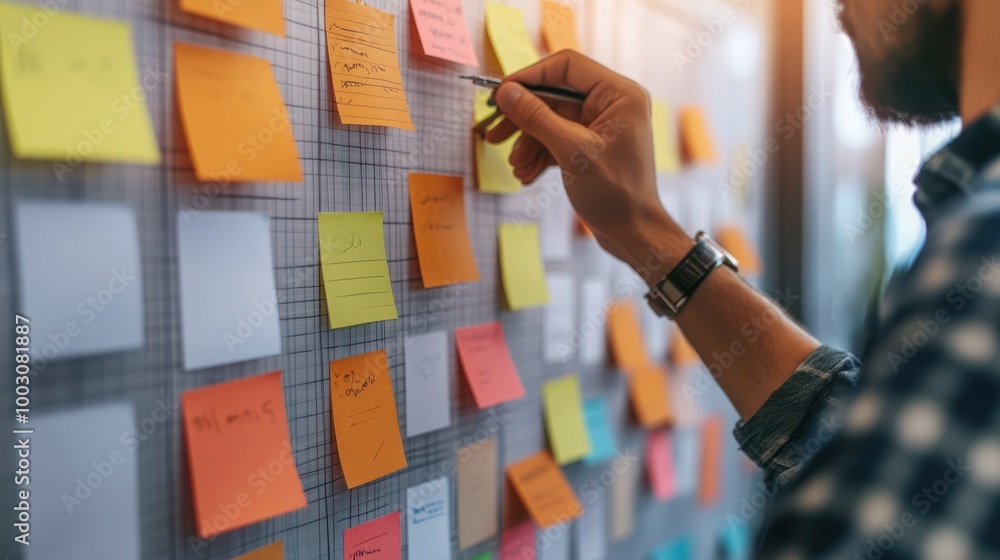 Aufkleber employee arranging sticky notes on a kanban board during an agile sprint planning.