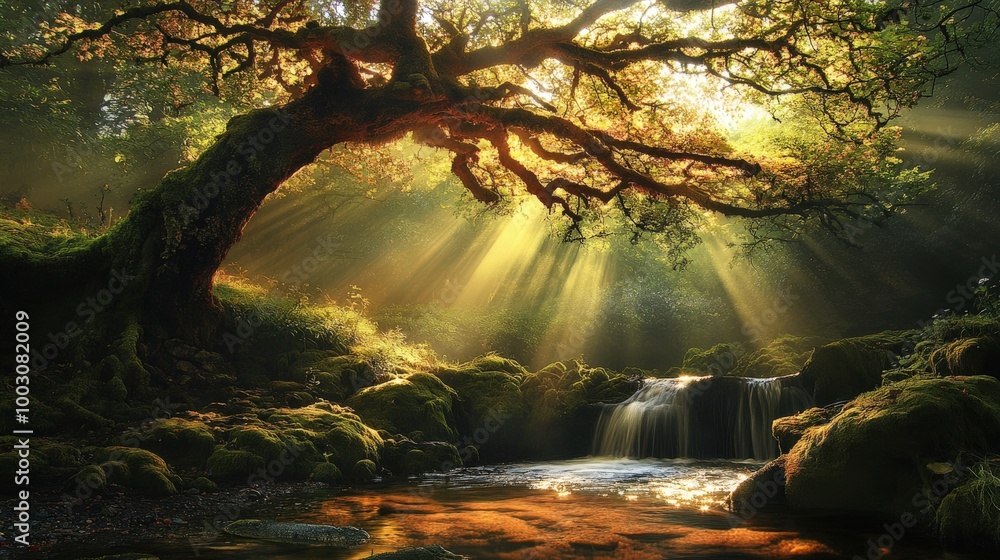 Aufkleber sunlight pours through the branches of an ancient tree, creating a stunning display of light and sha