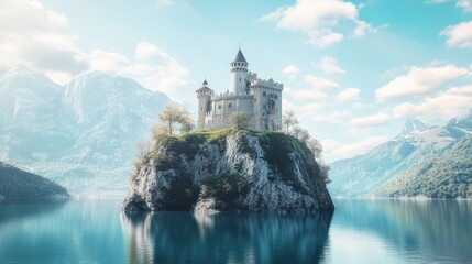 Naklejka premium Enchanting castle situated on a cliff overlooking a serene lake. Generative AI image