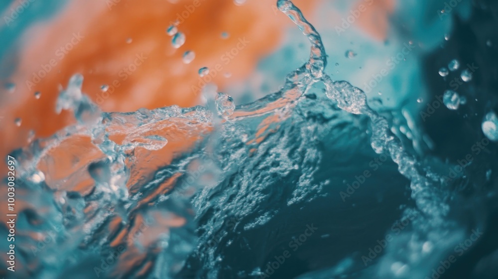 Poster a close-up of splashing water, showcasing dynamic movement and color contrast.