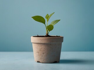 Obraz premium Small Green Plant in Pot on Blue Background