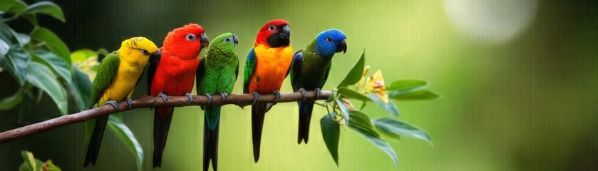 Colorful birds on a branch in nature.