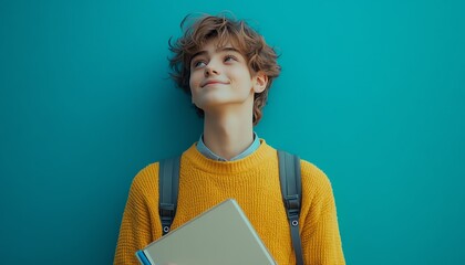 Obraz premium A cheerful young boy with curly hair smiles while holding a notebook, wearing a bright yellow sweater against a vibrant blue background.