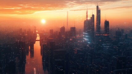 Futuristic Cityscape at Sunrise and Sunset with Digital Network, To convey a sense of the future and the role of technology in shaping our cities