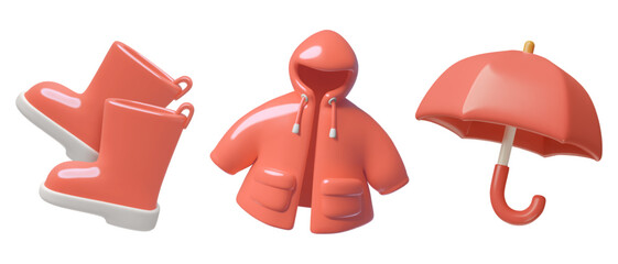 3d red rain boots, raincoat and umbrella icons. Autumn fashion and seasonal wear cute three dimensional vector design elements set. 