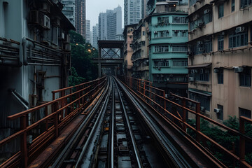 Urban Railway Tracks and Buildings in Hong Kong