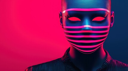 Futuristic mannequin with neon stripes on a vibrant background, depicting modern artistic expression.
