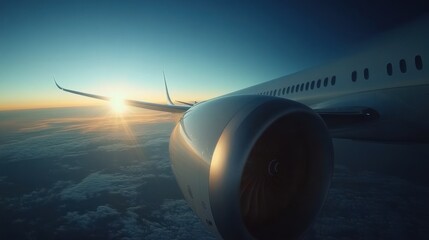 Fototapeta premium Aerial view from an airplane showcasing the engine and sunrise over the clouds.