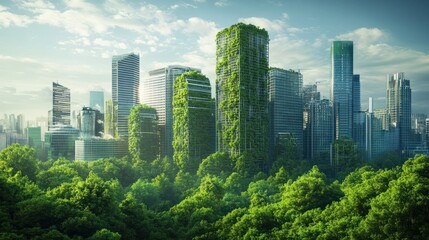 Fototapeta premium Futuristic sustainable green city, concept of city of the future based on green energy and eco industry, future city with skyscrapers and modern buildings.
