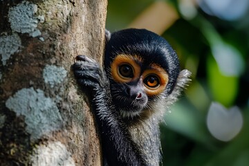Obraz premium Cute curious monkey peeking around a tree trunk