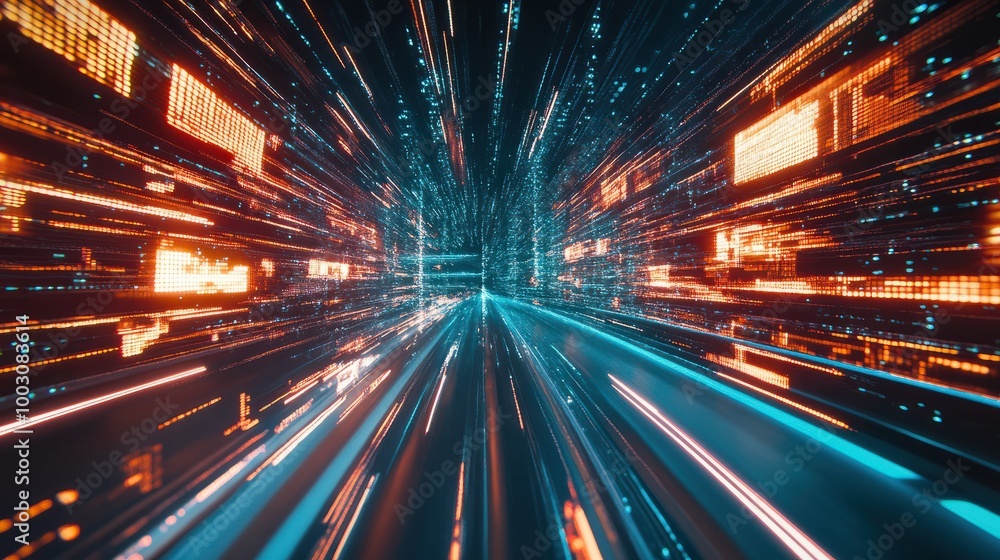 Poster generative ai : digital data flow on road with motion blur to create vision of fast speed transfer