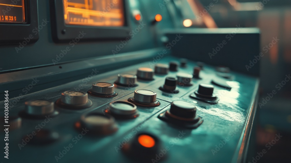 Poster close-up of industrial control panel with buttons and screens.