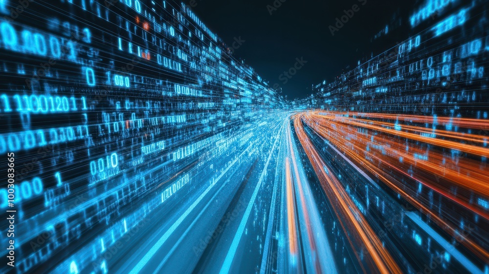 Poster generative ai : digital data flow on road with motion blur to create vision of fast speed transfer