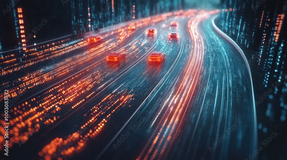 Poster generative ai : digital data flow on road with motion blur to create vision of fast speed transfer