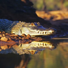 Obraz premium An adult wild saltwater crocodile hunting on the banks