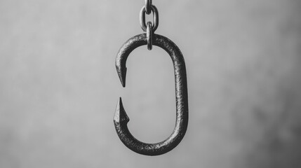 Rustic fishing hook hanging on a chain against a textured background.