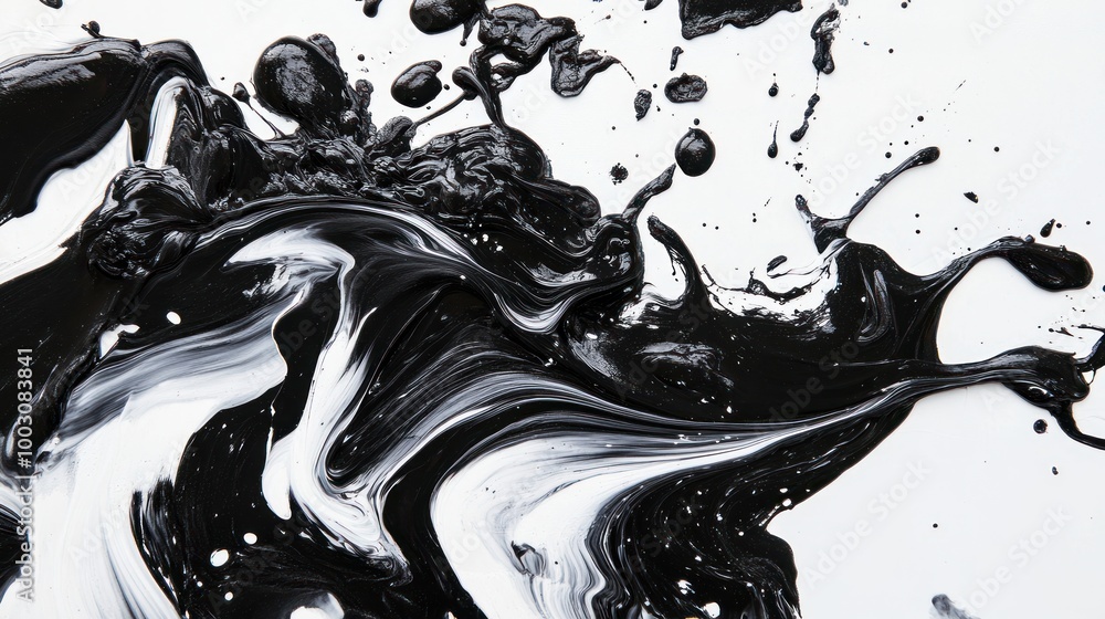 Poster abstract black and white paint swirls on a surface, creating dynamic movement and texture.