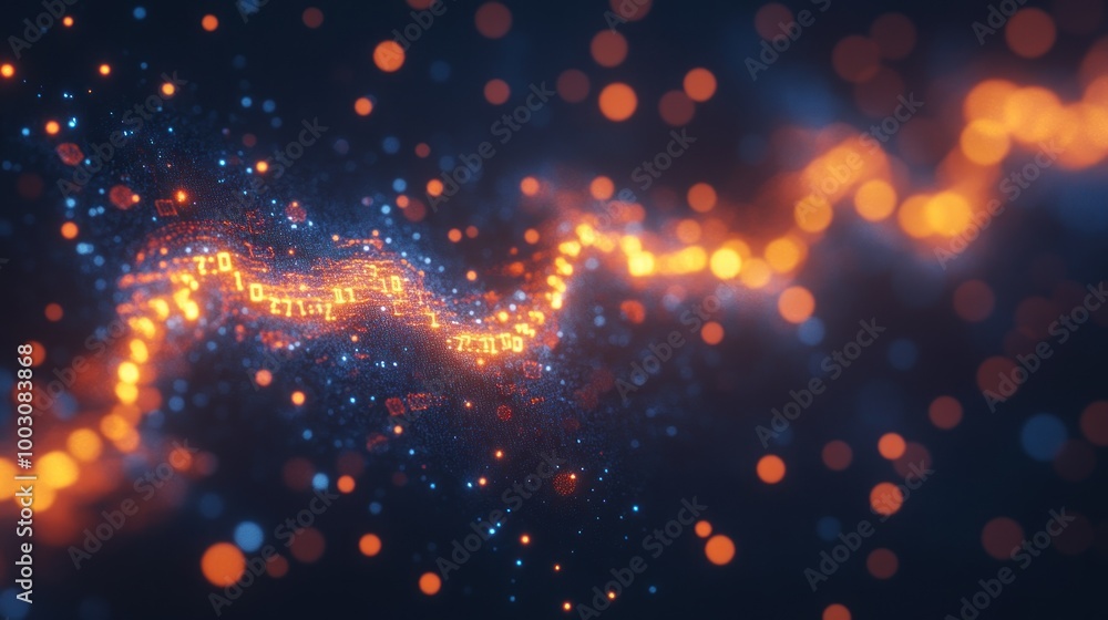 Poster abstract digital visualization of flowing particles and light effects.