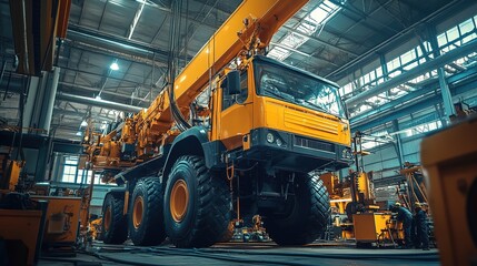 Orange heavy truck in industrial setting, sharp detail, cool ton