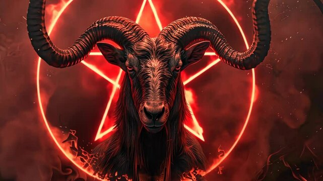 A black goat with large horns stands in front of a red pentagram and circle