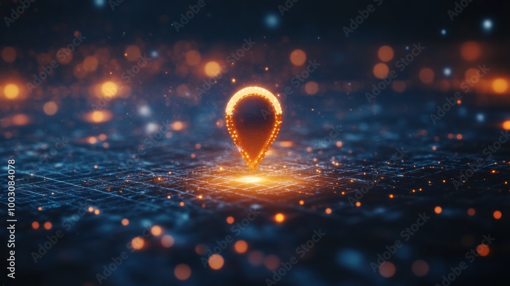 Poster a glowing location pin over a digital map background, symbolizing navigation and technology.