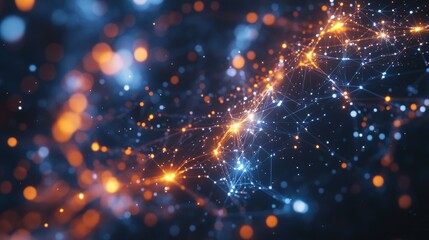 A vibrant digital network of interconnected nodes and glowing particles representing data flow.