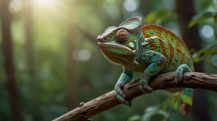 realistic illustration of a green chameleon on the branch of tree