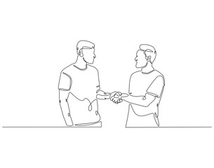 Continuous one line drawing of two man shaking hands. One line drawing illustration of national non violence day. Handshake, support,  concept line art. Editable outline