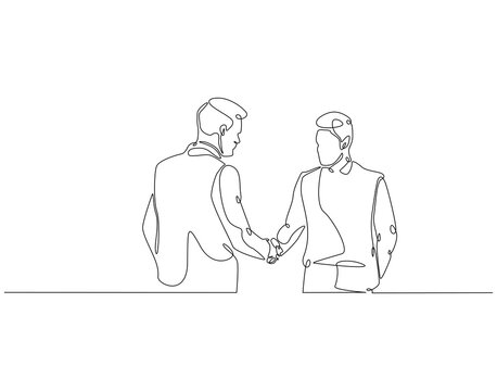 Continuous one line drawing of two man shaking hands. One line drawing illustration of national non violence day. Handshake, support, concept line art. Editable outline