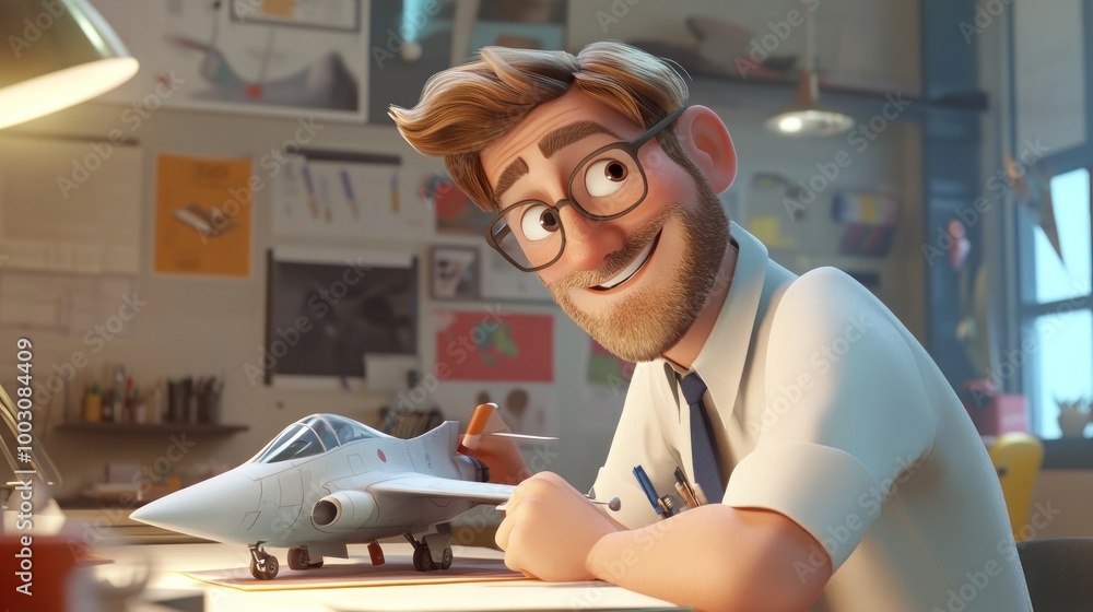 Poster a smiling designer working on a model airplane in a creative workspace.