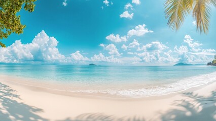 Fototapeta premium beach with trees under a blue sky and soft clouds, showcasing the beauty of the ocean and sandy shore, perfect for a relaxing summer vacation