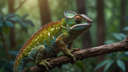 Obraz premium realistic illustration of a green chameleon on the branch of tree