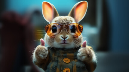 A playful bunny in sunglasses giving a thumbs up, perfect for Easter greetings and fun children's events.