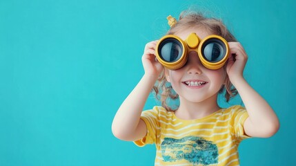 Happy child with Binoculars on blue background, Look to future concept.