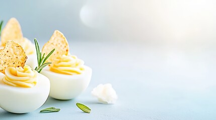 Elegant deviled eggs topped with creamy filling, garnished with rosemary and crispy chips, arranged in a minimalist presentation on a white background.