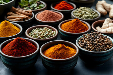Aromatic Spices and Herbs in Bowls on Dark Background