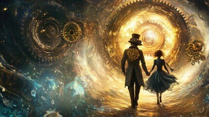 Obraz premium A steampunk couple walks hand-in-hand towards a glowing portal in a swirling, celestial landscape.
