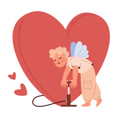 Cute cupid inflates large heart shaped balloon with pump. Funny vector illustration for valentine's day.